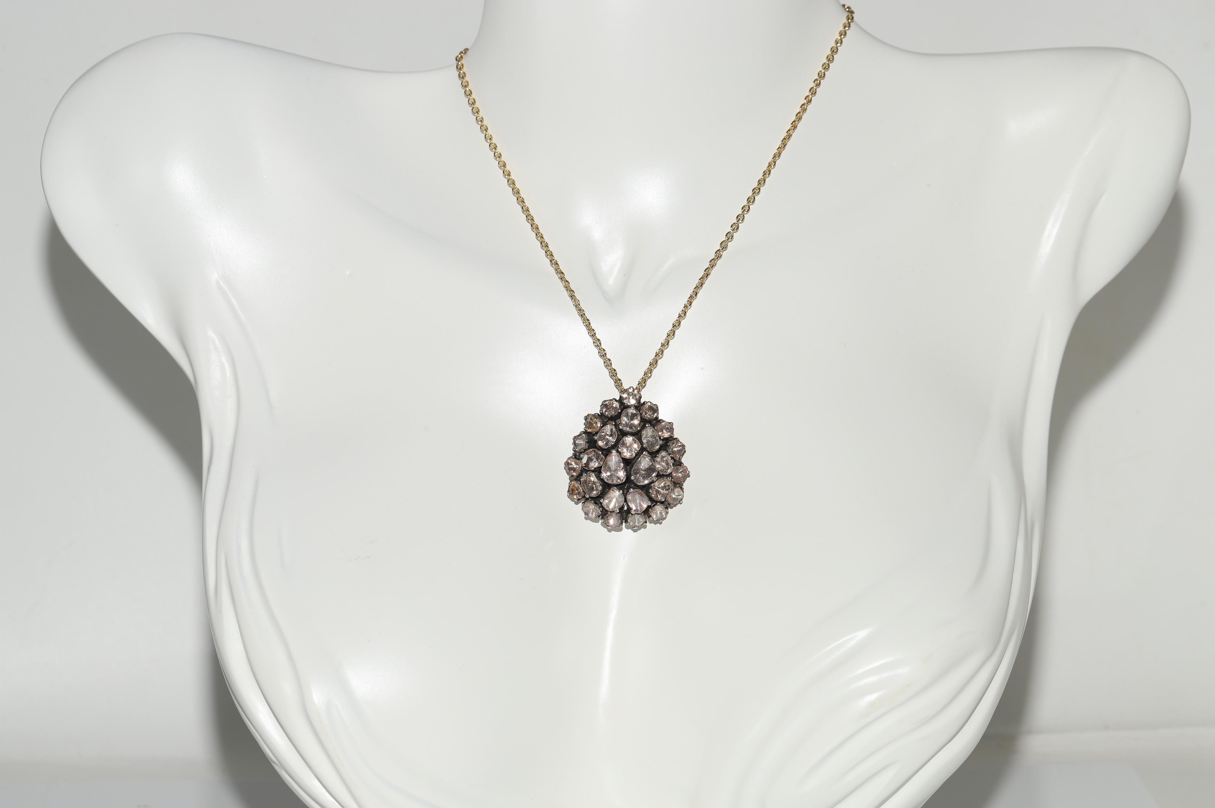 Retro Vintage Circa 1990s 14k Gold Top Silver Natural Rose Cut Diamond Drop Necklace For Sale