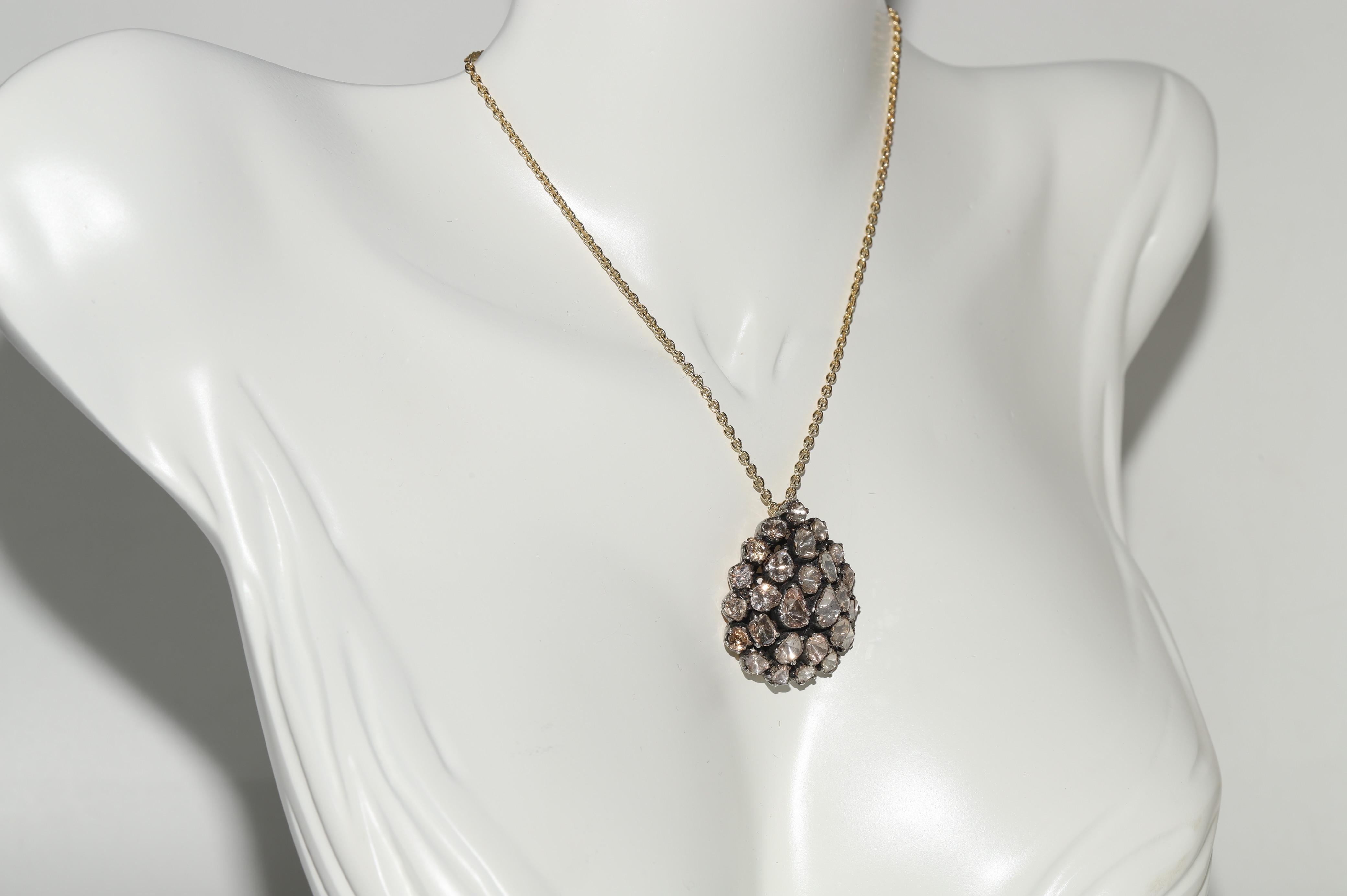 Women's Vintage Circa 1990s 14k Gold Top Silver Natural Rose Cut Diamond Drop Necklace For Sale