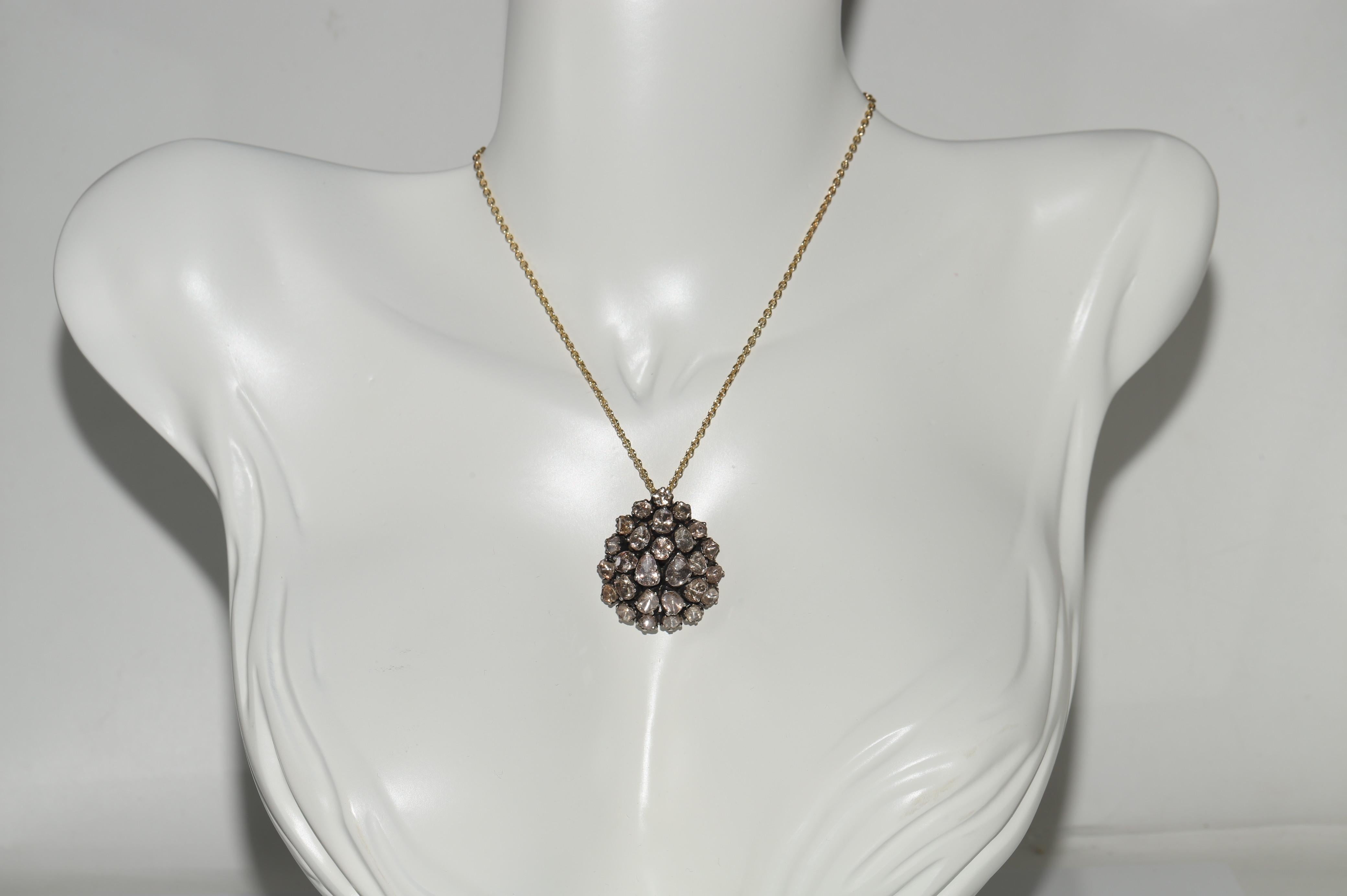 Vintage Circa 1990s 14k Gold Top Silver Natural Rose Cut Diamond Drop Necklace For Sale 1