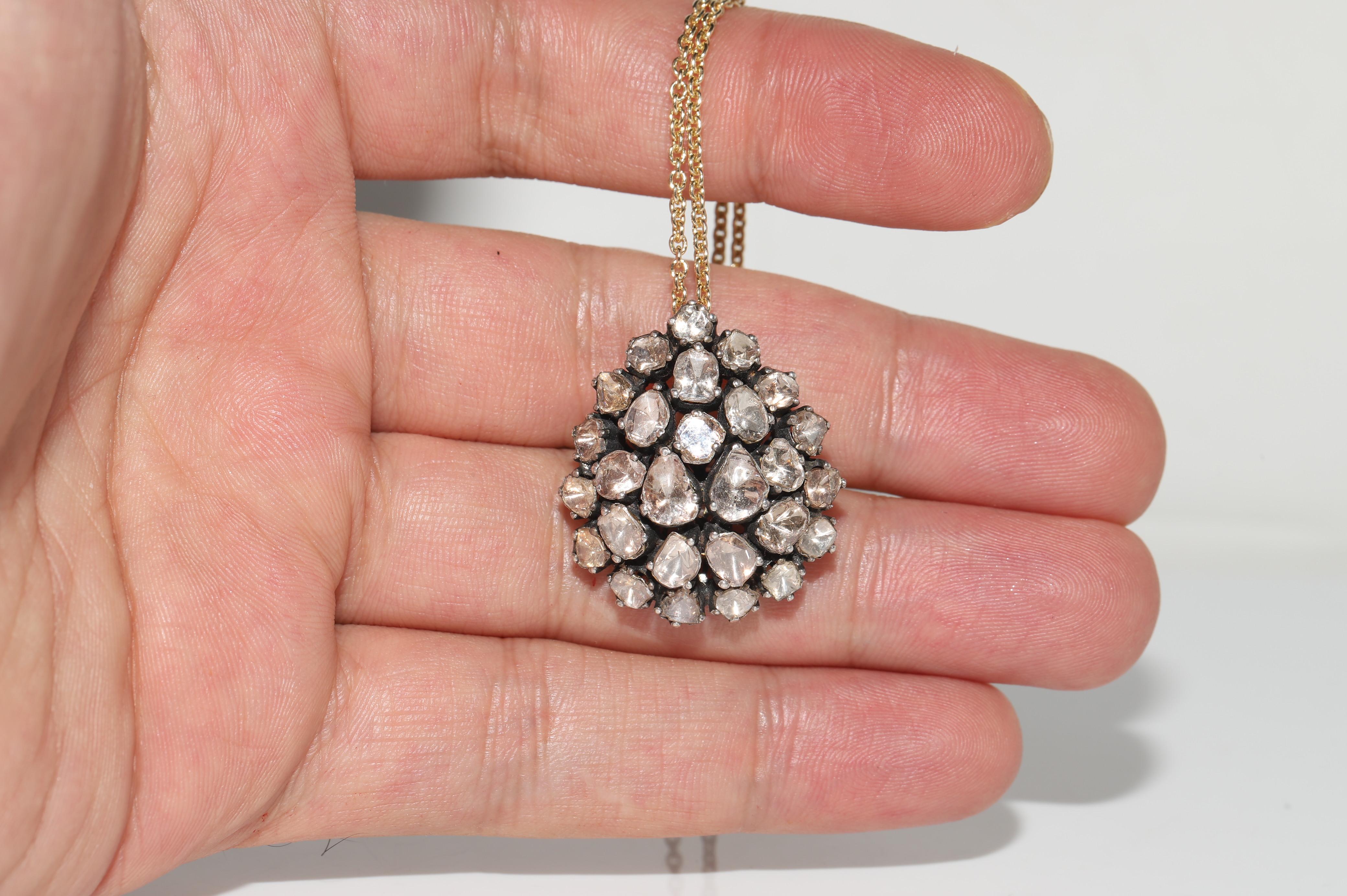 Vintage Circa 1990s 14k Gold Top Silver Natural Rose Cut Diamond Drop Necklace For Sale 2