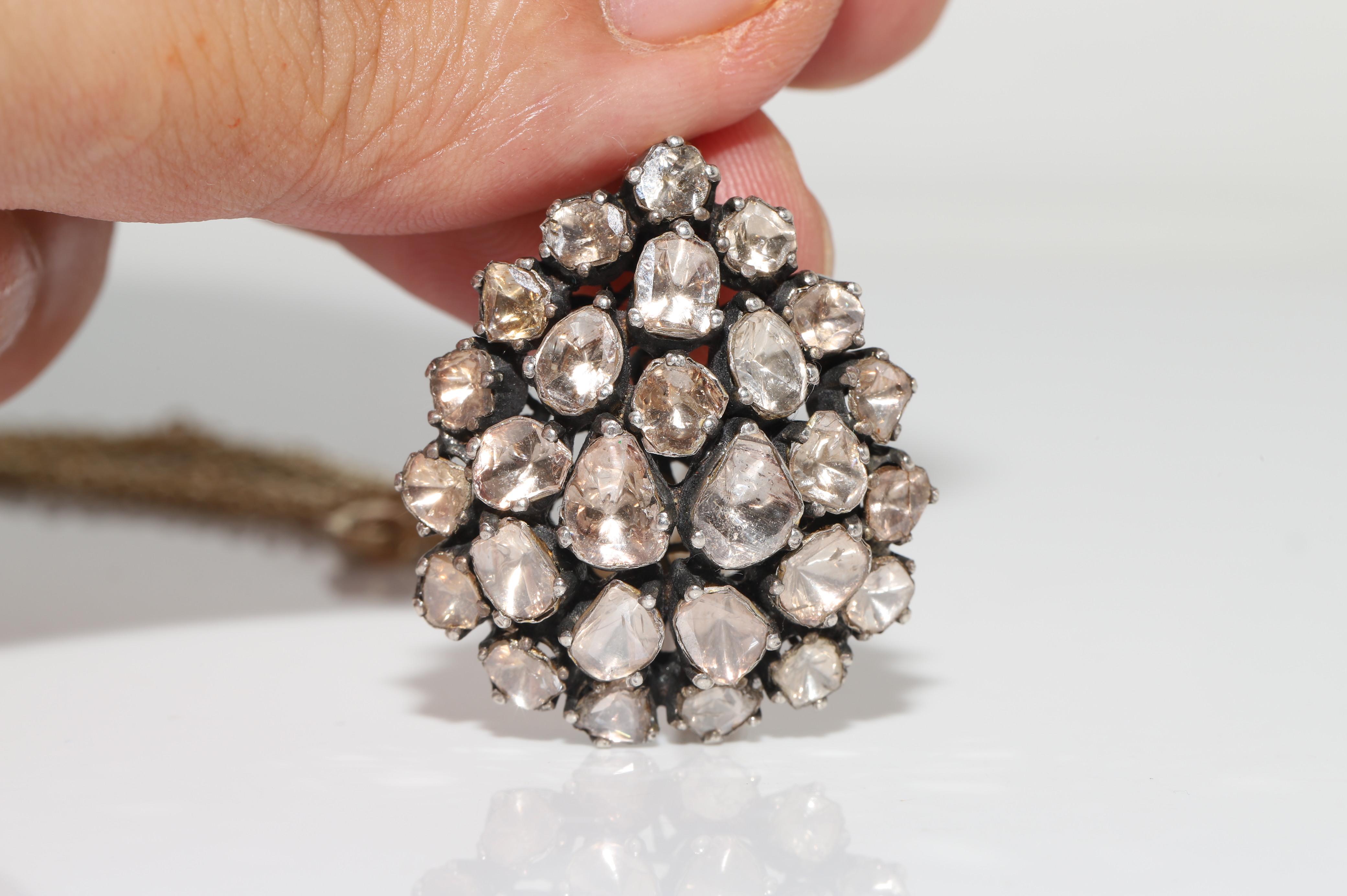 Vintage Circa 1990s 14k Gold Top Silver Natural Rose Cut Diamond Drop Necklace For Sale 3