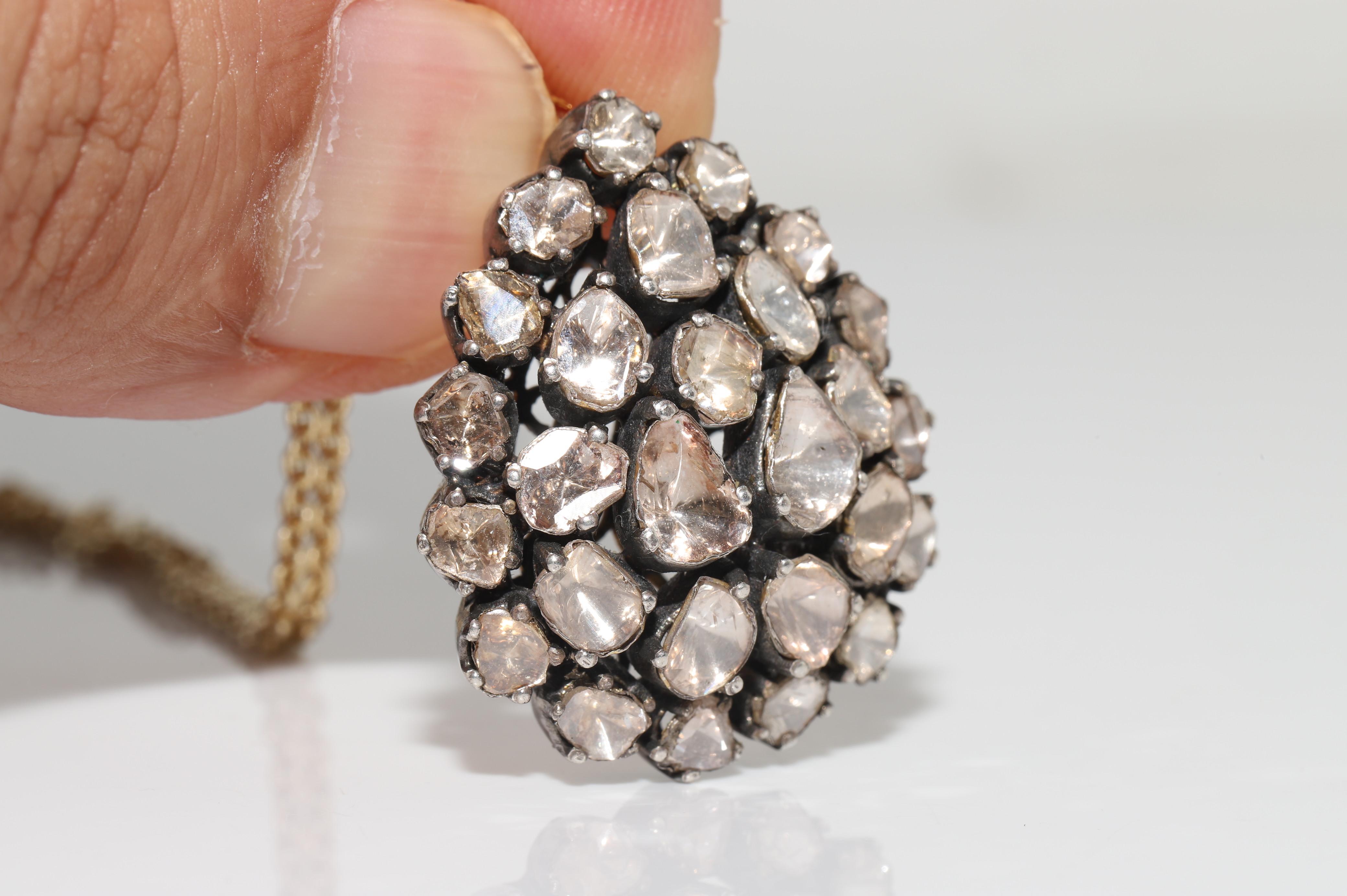 Vintage Circa 1990s 14k Gold Top Silver Natural Rose Cut Diamond Drop Necklace For Sale 4