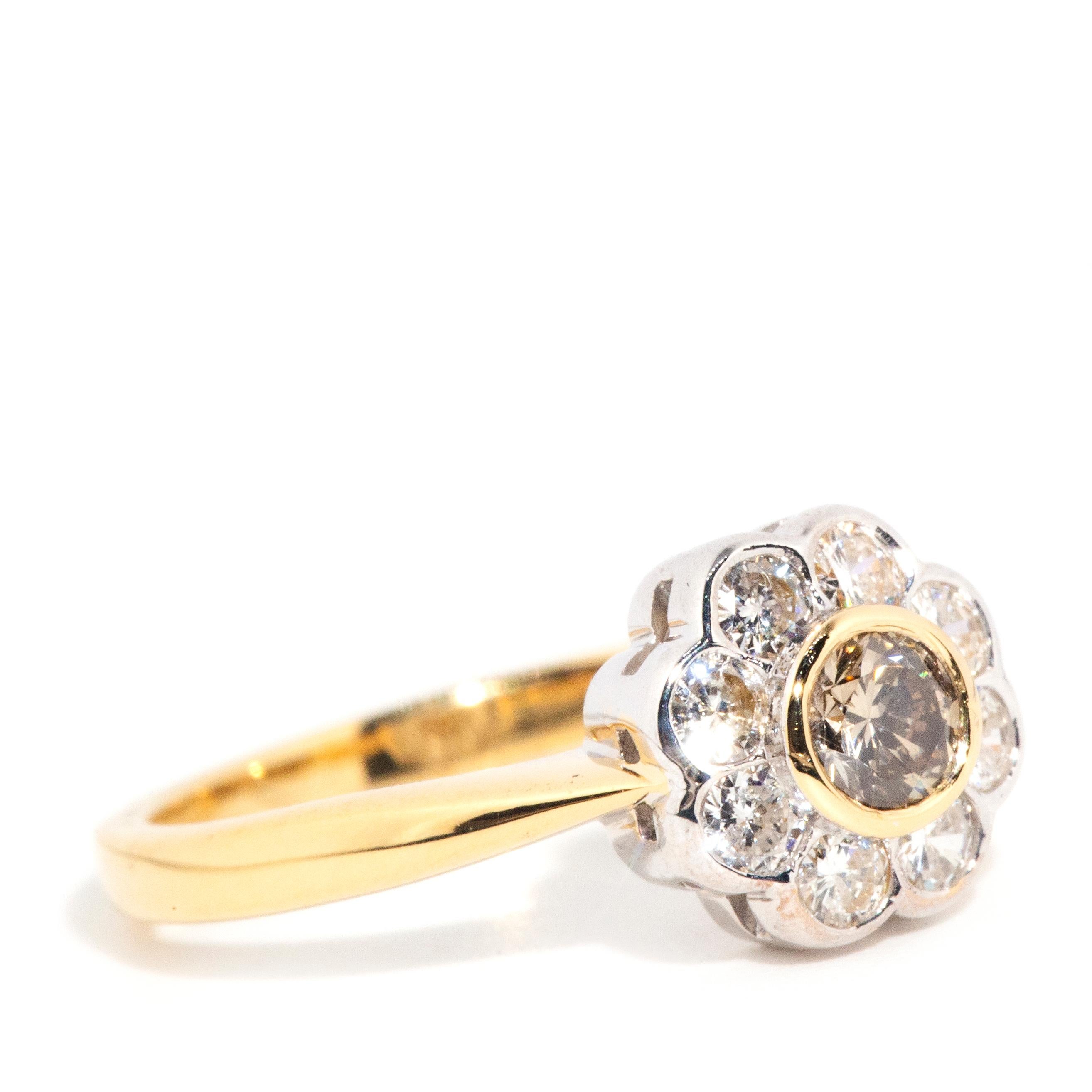 Modern Vintage circa 1990s 18 Carat Gold Cognac Diamond Daisy Flower Cluster Ring
