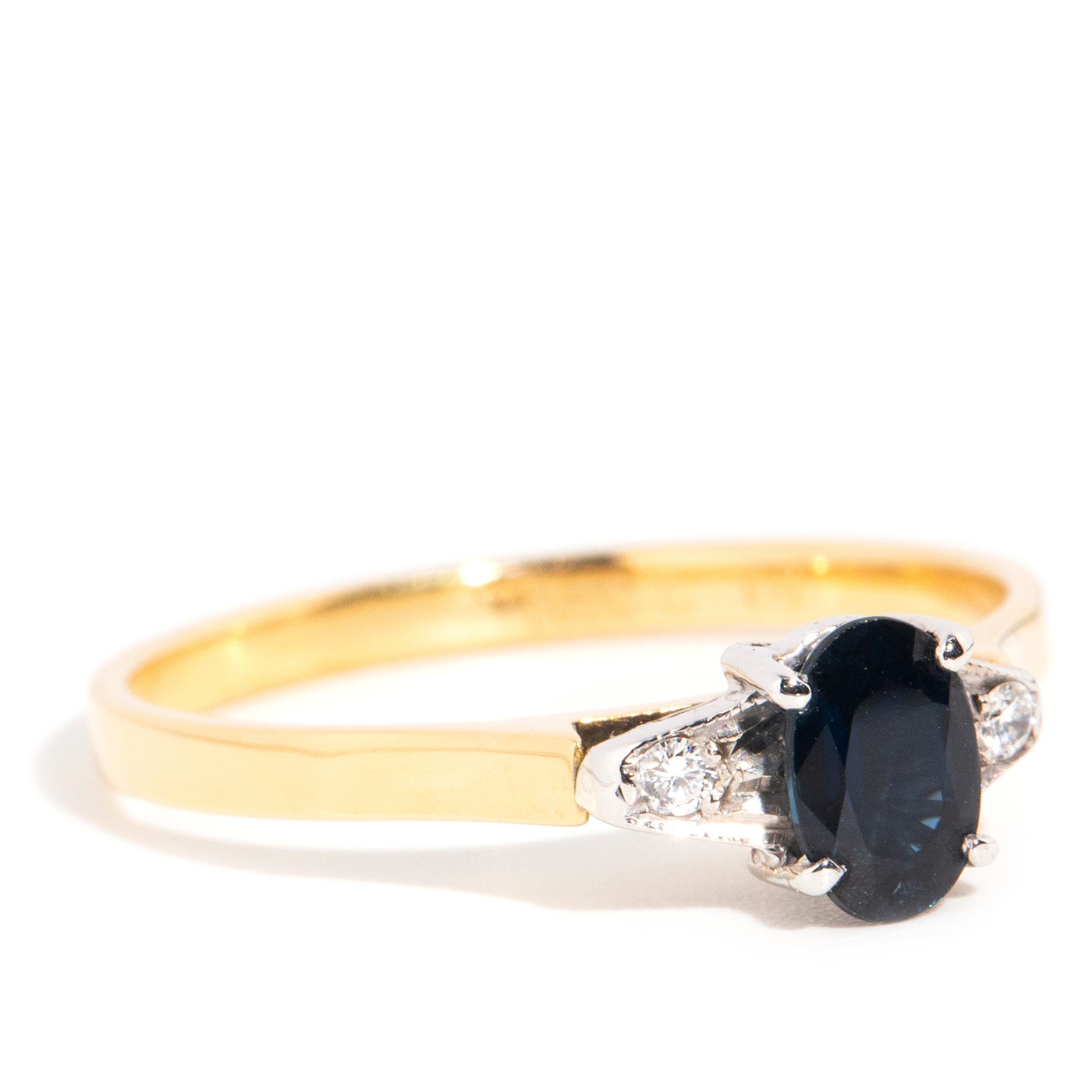 Modern Vintage circa 1990s 18 Carat Gold Diamond & Deep Blue Sapphire Three Stone Ring