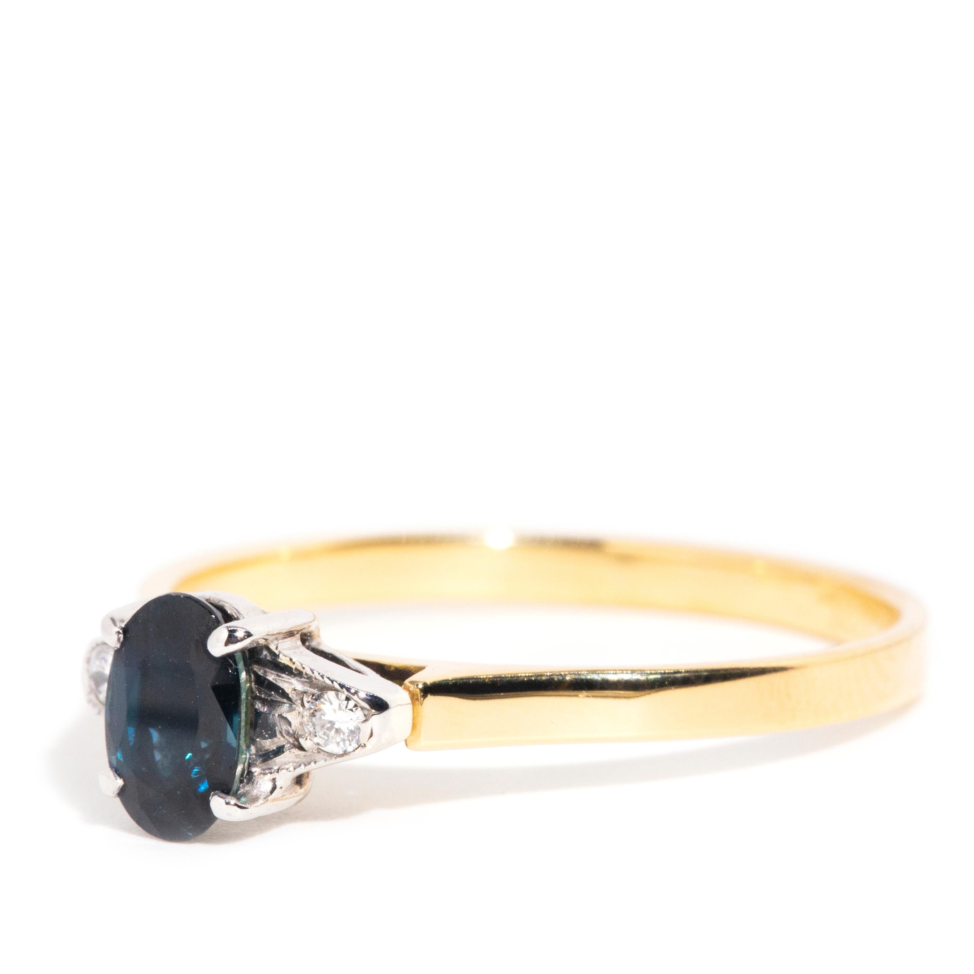 Vintage circa 1990s 18 Carat Gold Diamond & Deep Blue Sapphire Three Stone Ring In Good Condition In Hamilton, AU