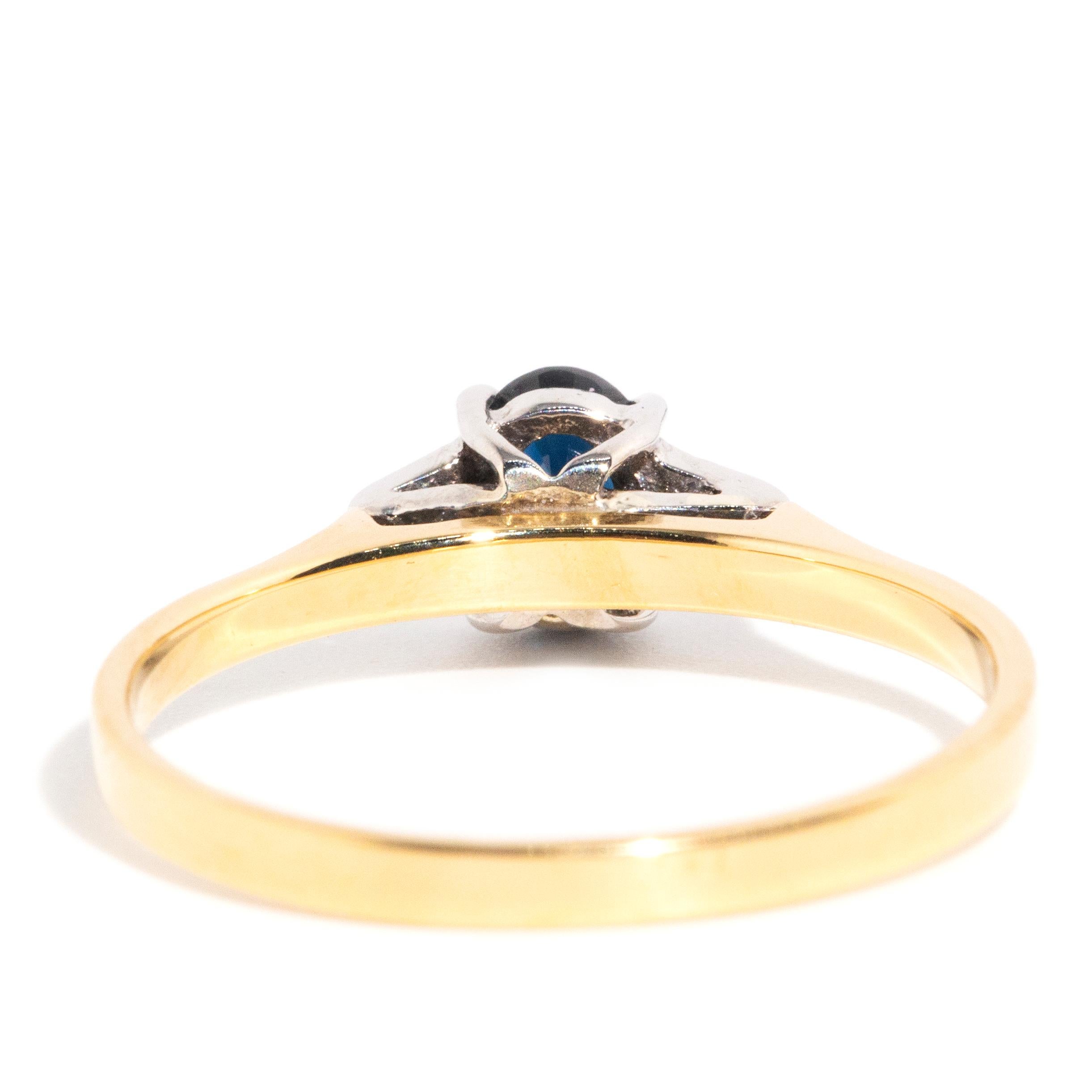 Vintage circa 1990s 18 Carat Gold Diamond & Deep Blue Sapphire Three Stone Ring 3