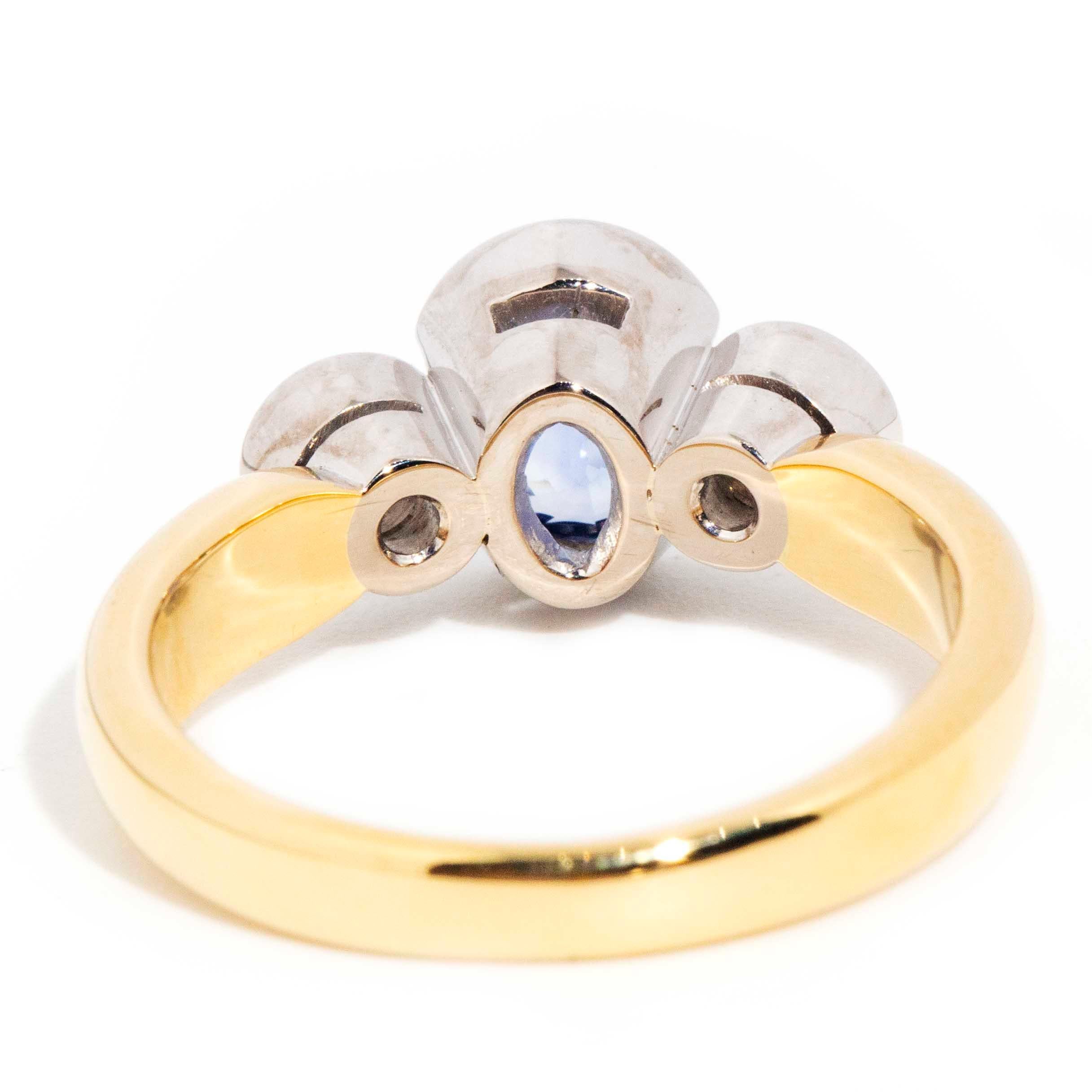 Oval Cut Vintage Circa 1990s 18 Carat Gold Oval Sapphire and Diamond Three Stone Ring