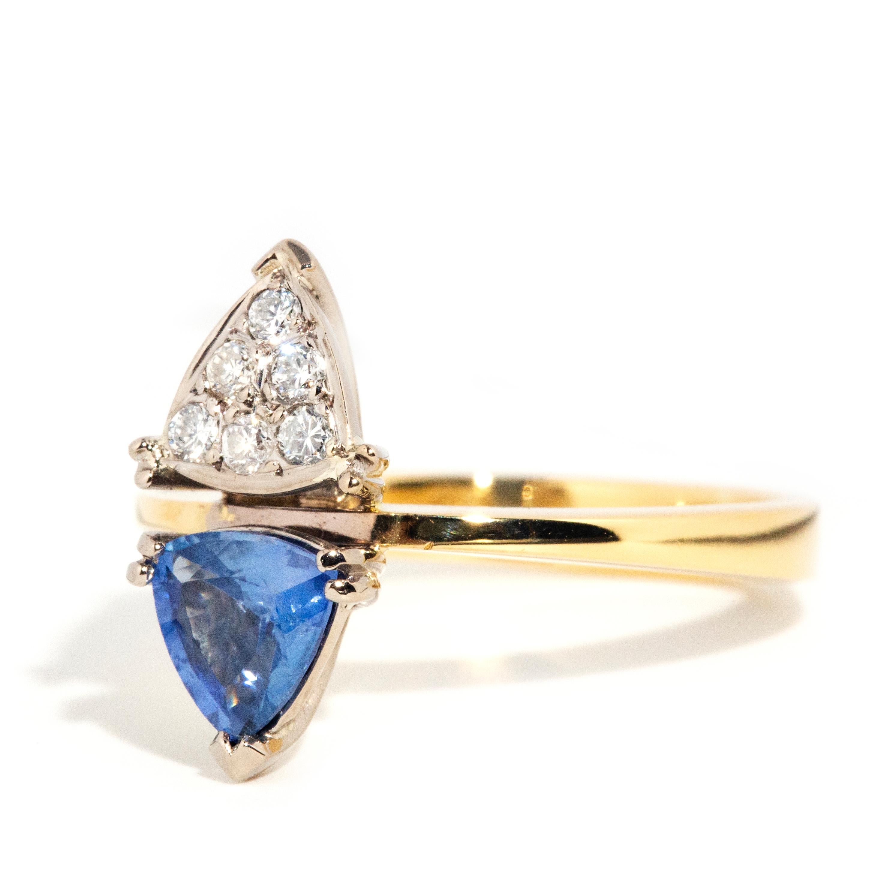 Trillion Cut Vintage Circa 1990s 18 Carat Yellow Gold Triangular Blue Sapphire & Diamond Ring For Sale