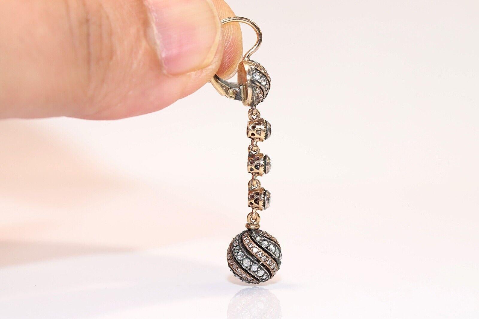 Vintage CIRCA 1990s 18k Gold und Silber Natürliche Rose Cut Diamond Drop Ohrring (Rosenschliff) im Angebot