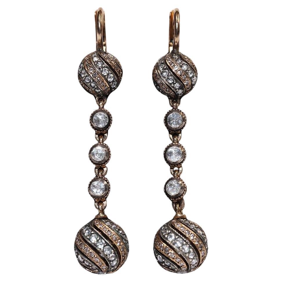 Vintage Circa 1990s 18k Gold and Silver Natural Rose Cut Diamond Drop Earring (Boucles d
oreilles pendantes en or et argent)