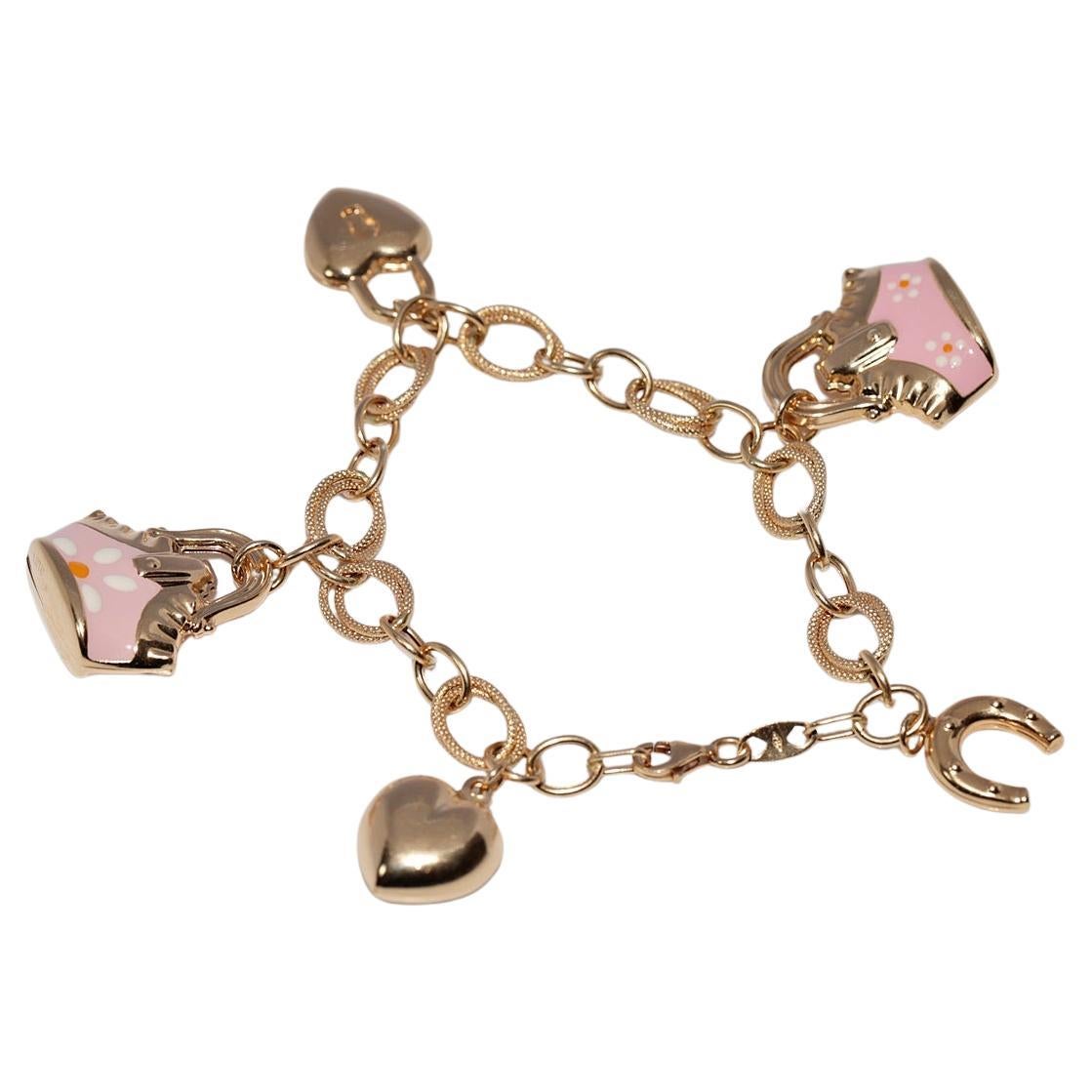 Vintage Circa 1990s 18k Gold Enamel Decorated Charm Design Bracelet