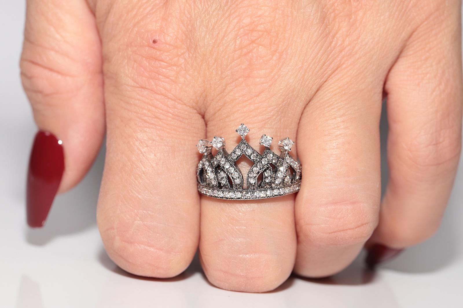 Vintage Circa 1990s 18k Gold Handcrafted Natural Diamond Decorated Crown Ring For Sale 8