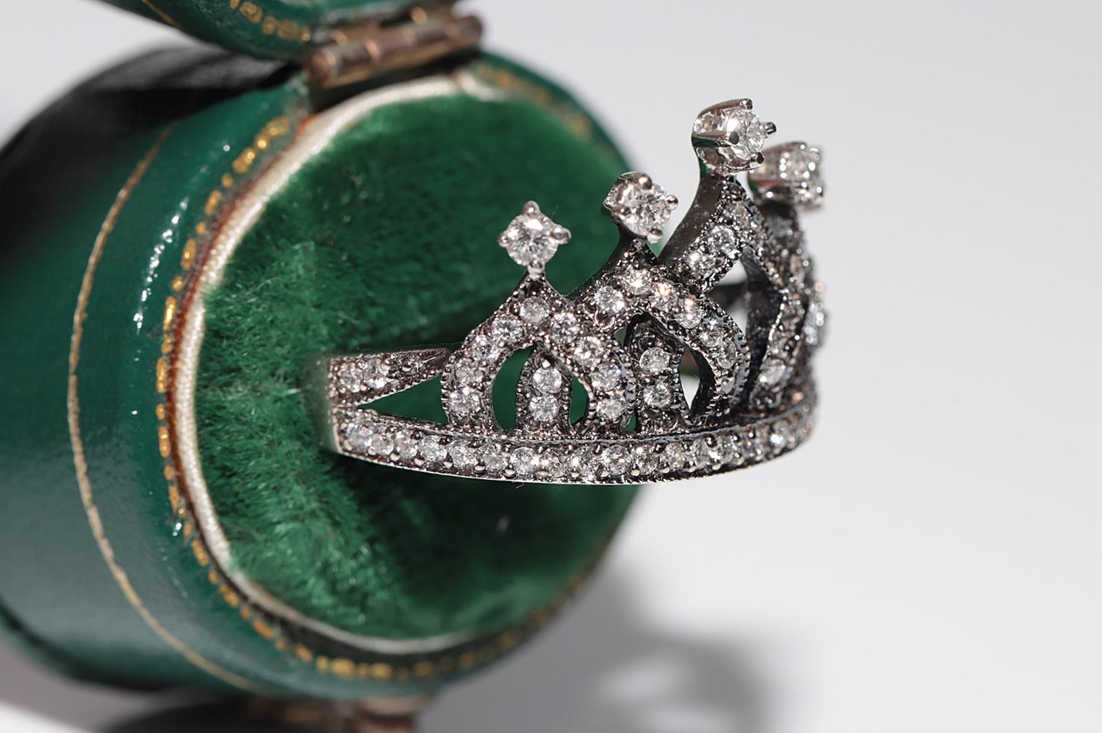 Retro Vintage Circa 1990s 18k Gold Handcrafted Natural Diamond Decorated Crown Ring For Sale