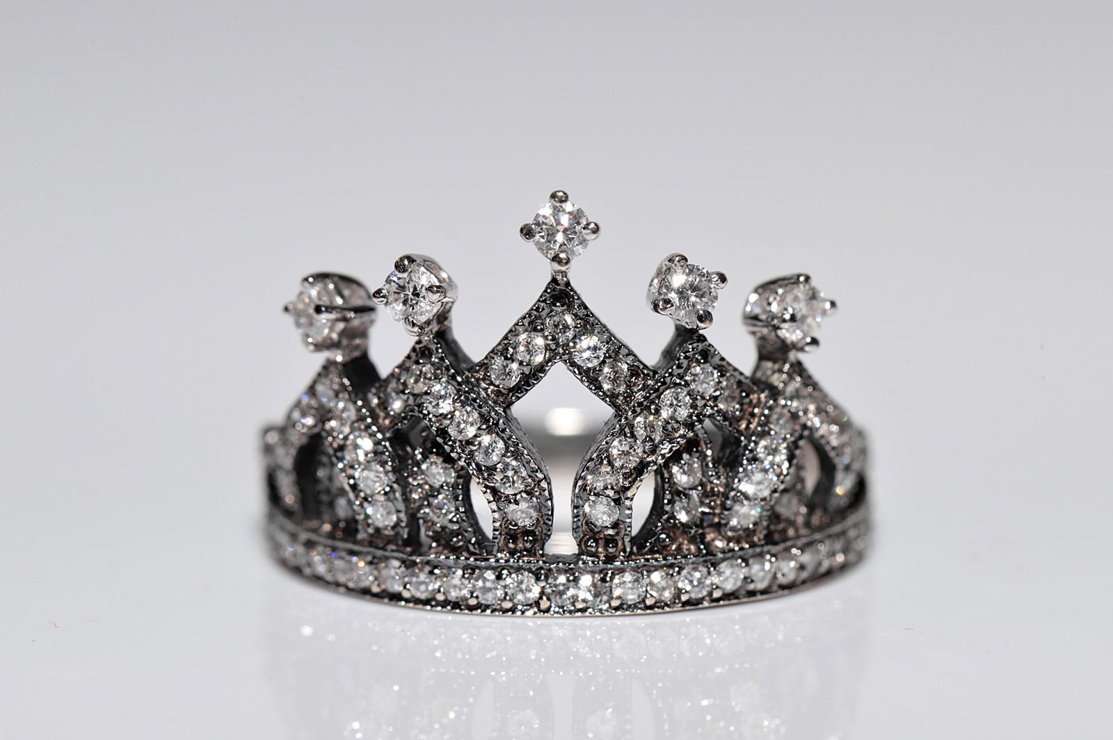 Brilliant Cut Vintage Circa 1990s 18k Gold Handcrafted Natural Diamond Decorated Crown Ring For Sale