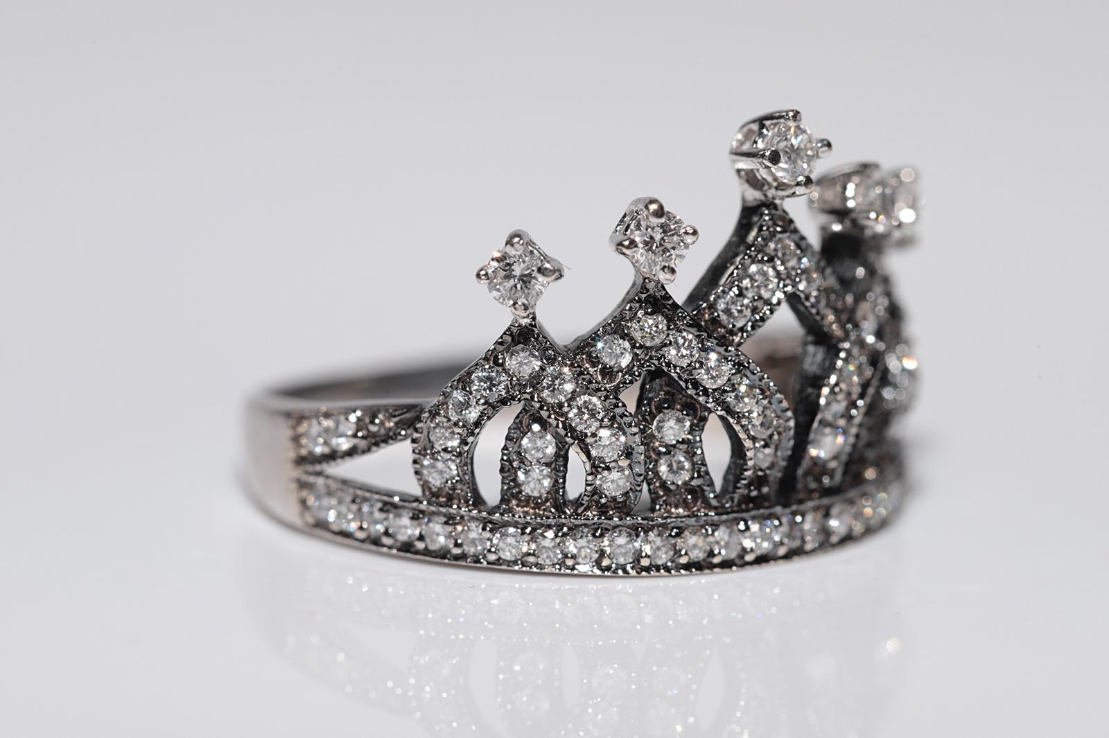 Women's Vintage Circa 1990s 18k Gold Handcrafted Natural Diamond Decorated Crown Ring For Sale