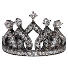 Vintage Circa 1990 Or 18k Handcraft Bague couronne décorée de diamants naturels