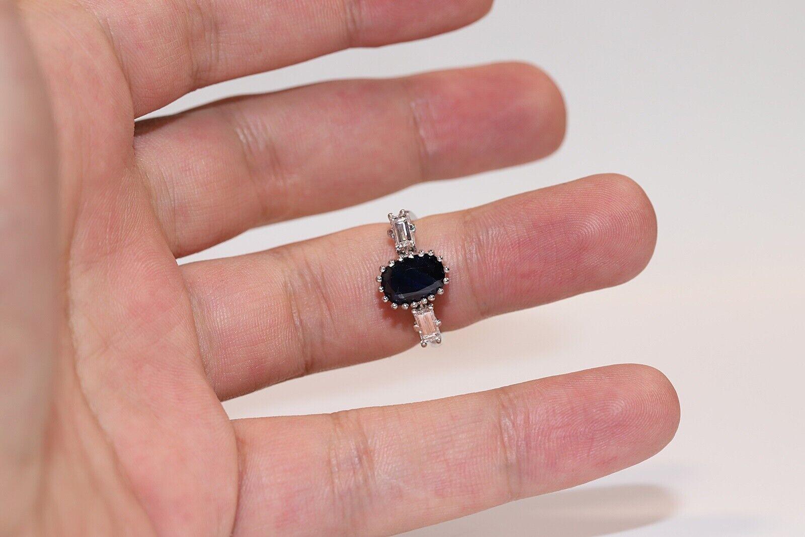 Vintage Circa 1990s 18k Gold Natural Baguette Cut Diamond And Sapphire Ring For Sale 7