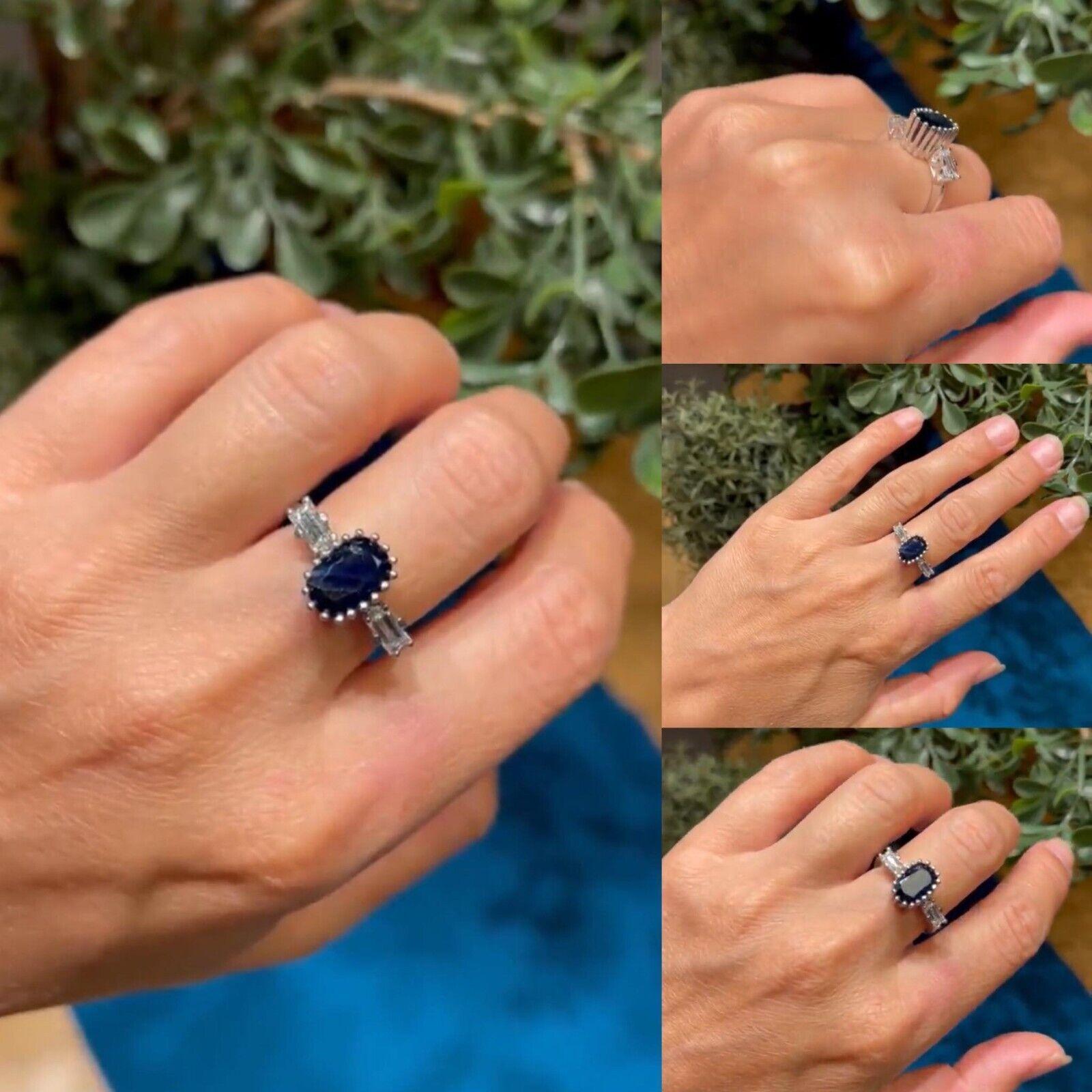 Vintage Circa 1990s 18k Gold Natural Baguette Cut Diamond And Sapphire Ring For Sale 8