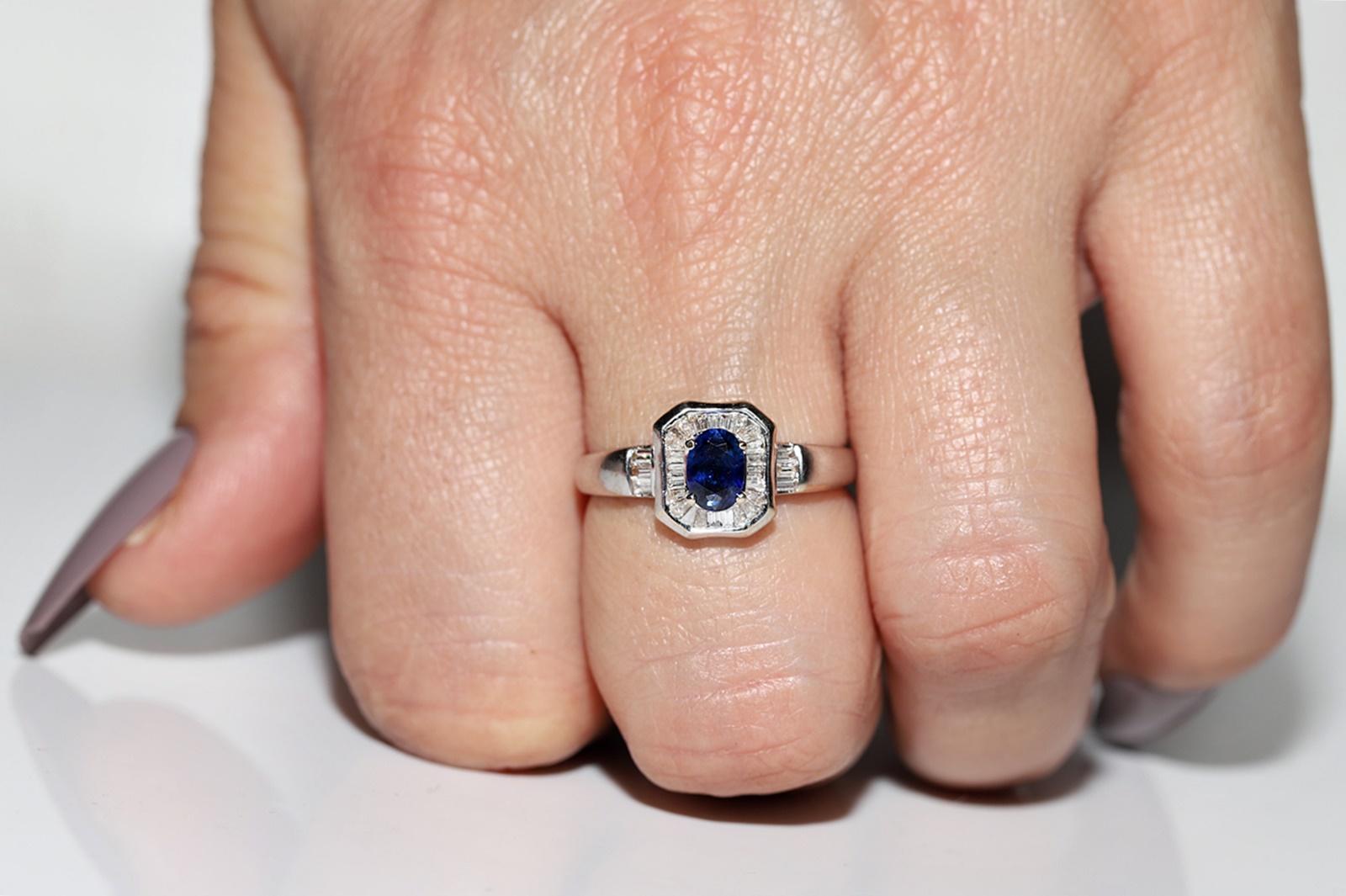 Retro Vintage Circa 1990s 18k Gold Natural Baguette Cut Diamond And Sapphire Ring  For Sale