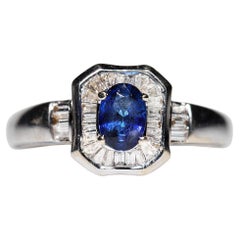 Vintage Circa 1990s 18k Gold Natural Baguette Cut Diamond And Sapphire Ring 