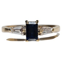 Vintage Circa 1990s 18k Gold Natural Baguette Cut Diamond And Sapphire Ring