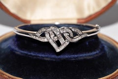 Vintage Circa 1990s 18k Gold Natural Baguette Cut Diamond Bangle Heart Bracelet