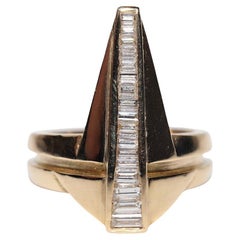 Vintage Circa 1990s 18k Gold Natural Baguette Cut Diamond Strong Tank Ring