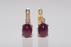 Vintage Circa 1990s 18k Gold Natural Cabochon Cut Ruby Diamond Stud Earring