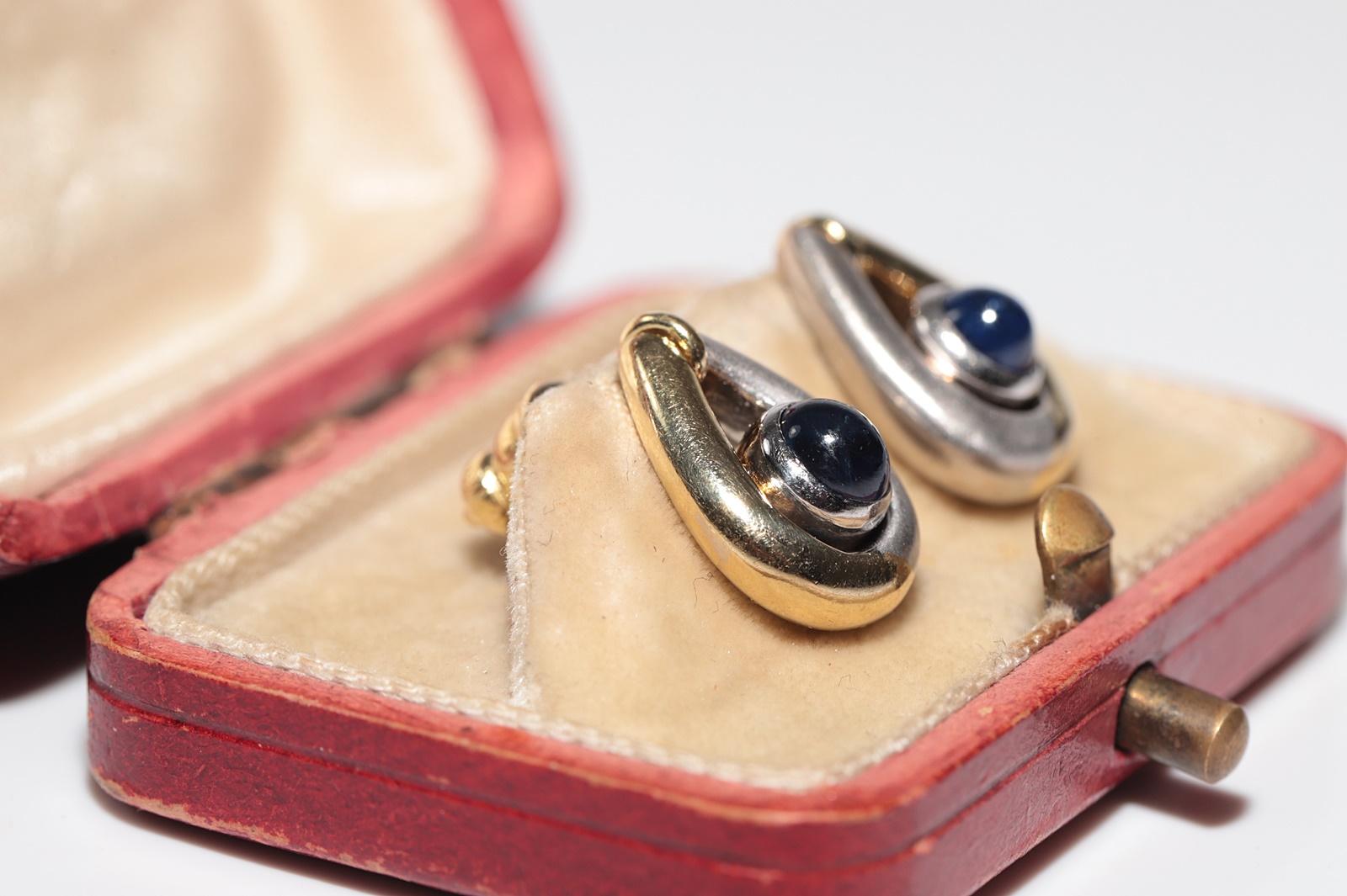 Vintage Circa 1990s 18k Gold Natural Cabochon Cut Sapphire  Stud Earring In Good Condition For Sale In Fatih/İstanbul, 34