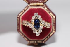 Vintage Circa 1990s 18k Gold Natural Daimond Marquise Cut Sapphire Navette Ring