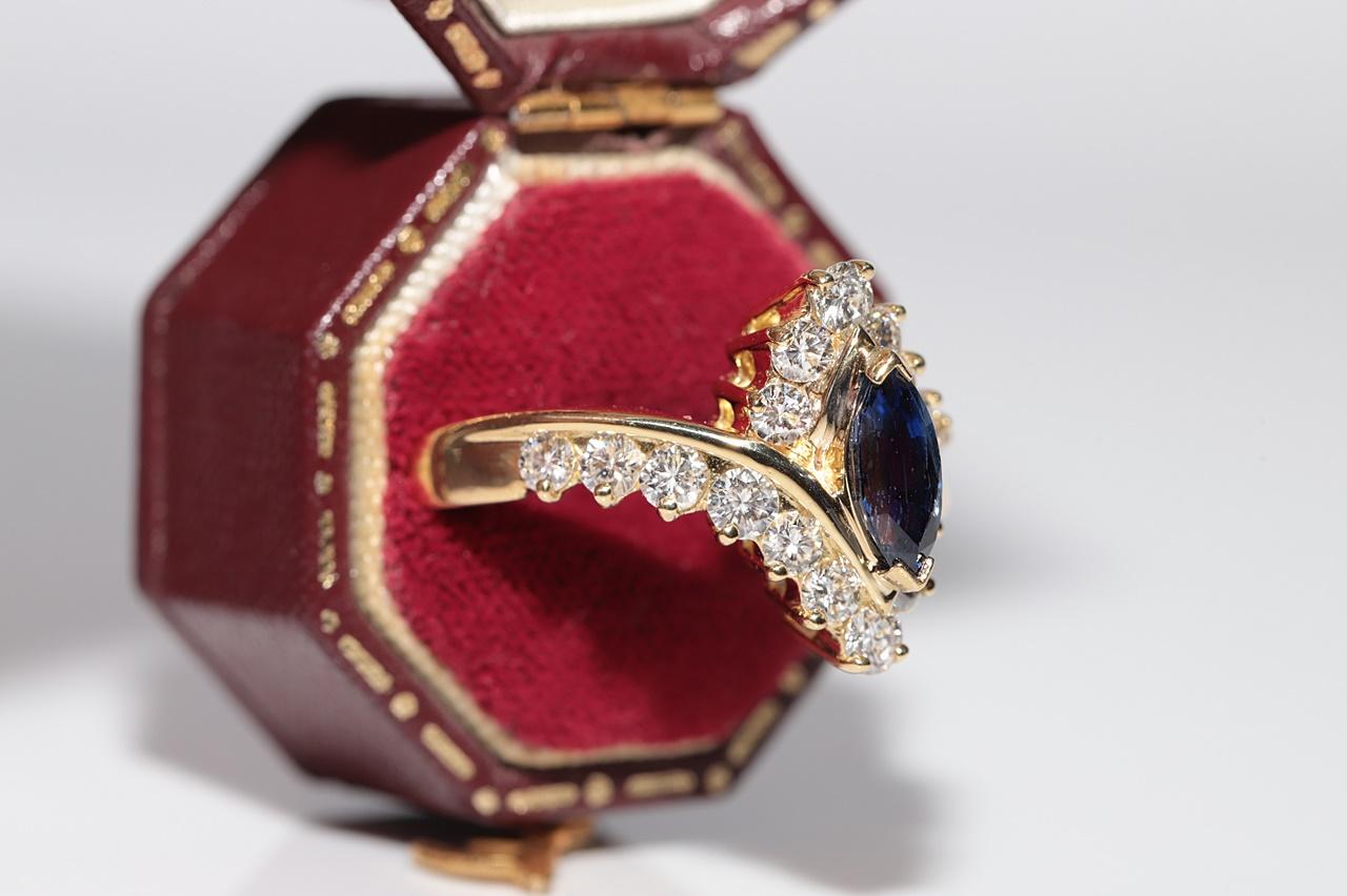 Rétro Vintage By, circa anni '90, Anello in oro 18k con Daimond Naturale e Zaffiro Taglio Marquise Navette in vendita