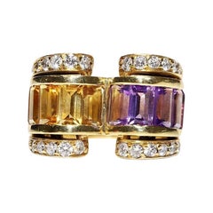 Vintage Circa 1990s 18k Gold Natural Diamond And Amethyst And Topaz Tank Ring