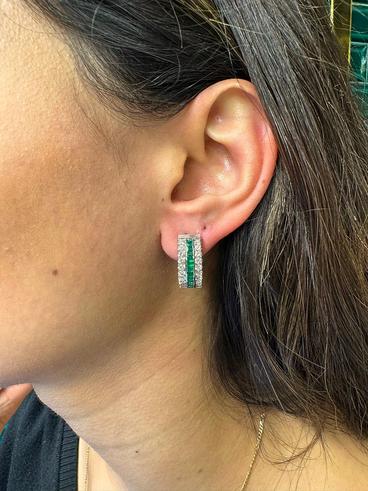 Vintage Circa 1990s 18k Gold Natural Diamond And Baguette Cut Emerald Earring For Sale 6