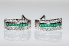 Vintage Circa 1990s 18k Gold Natural Diamond And Baguette Cut Emerald Earring