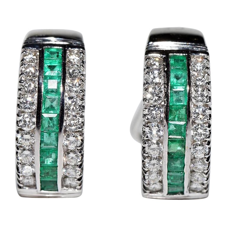 Vintage Circa 1990s 18k Gold Natural Diamond And Baguette Cut Emerald Earring