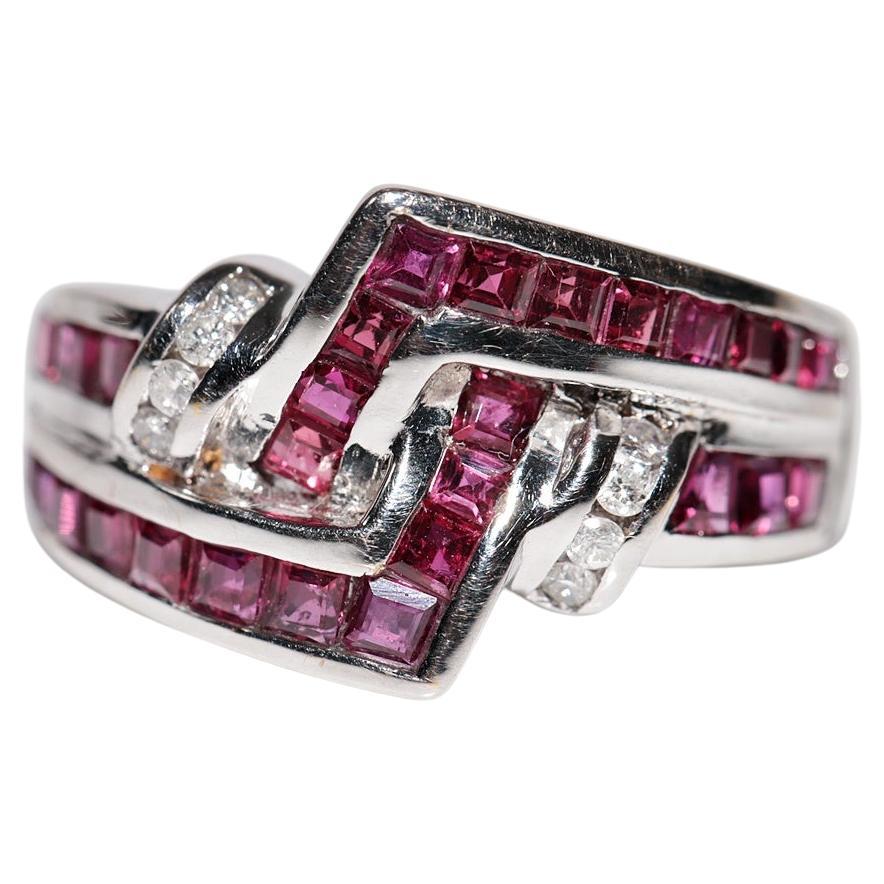 Bague vintage des années 1990 en or 18 carats, diamant naturel et rubis taille baguette