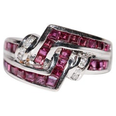 Vintage Circa 1990s 18k Gold Natural Diamond And Baguette Cut Ruby Ring