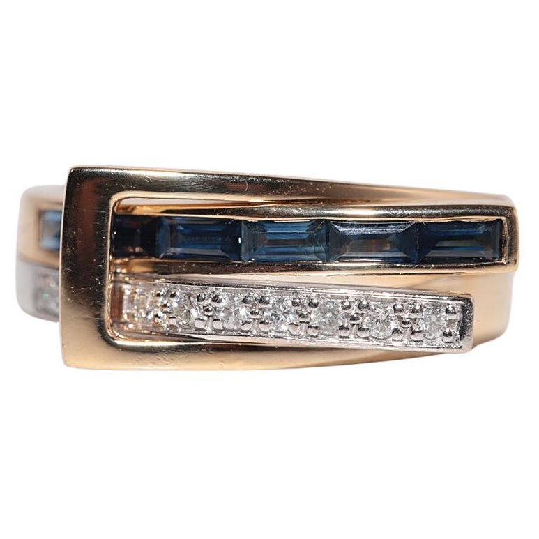 Bague vintage des années 1990 en or 18 carats, diamant naturel et saphir taille baguette