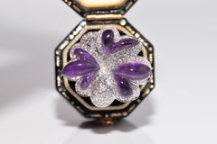 Vintage Circa 1990s 18k Gold Natural Diamond And Cabochon Cut Amethyst Ring