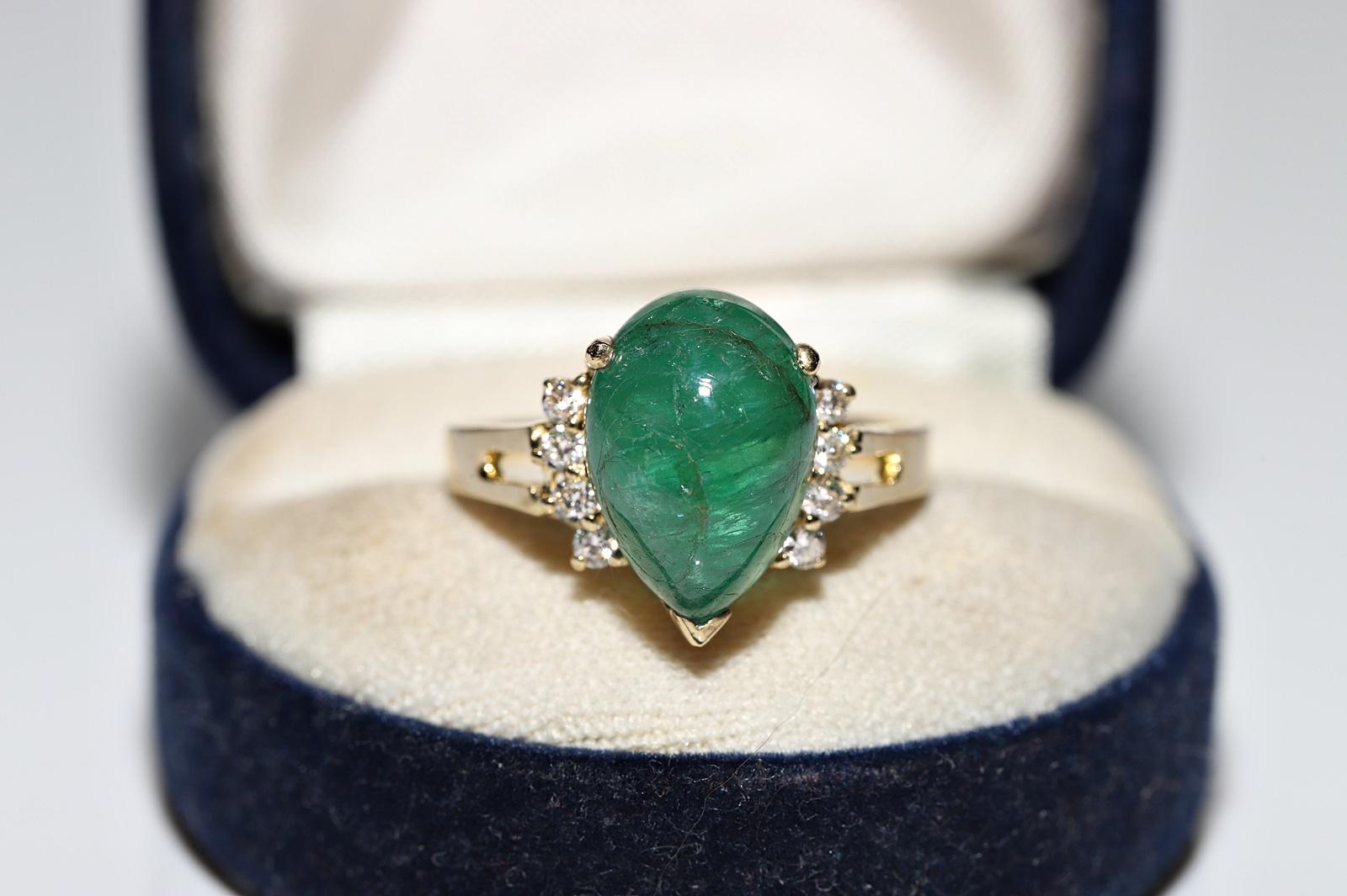 In very good condition.
Total weight is 5.1 grams.
Totally is diamond 0.25 ct.
The diamond is has G-H color and vvs-vs clarity.
Totally is emerald 6.29 ct.
There are scratches and small cracks on the emerald stone.
Ring size is US 8.7 (We offer free
