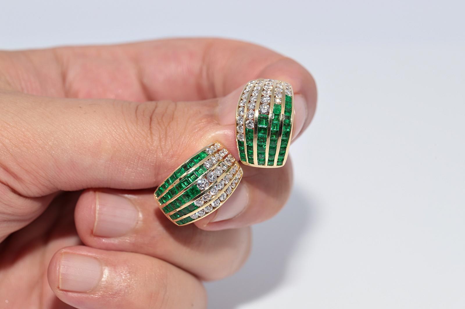Vintage Circa 1990s 18k Gold Natural Diamond And Caliber Cut Emerald Earring For Sale 5