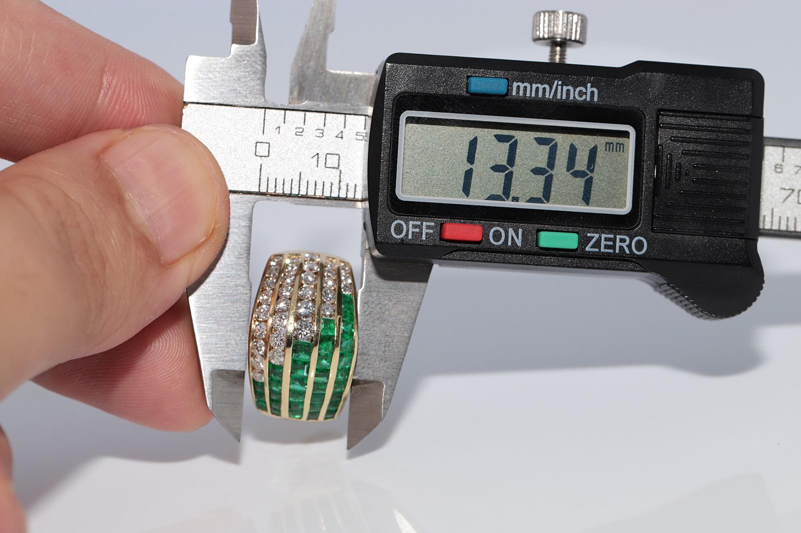 Vintage Circa 1990s 18k Gold Natural Diamond And Caliber Cut Emerald Earring For Sale 3