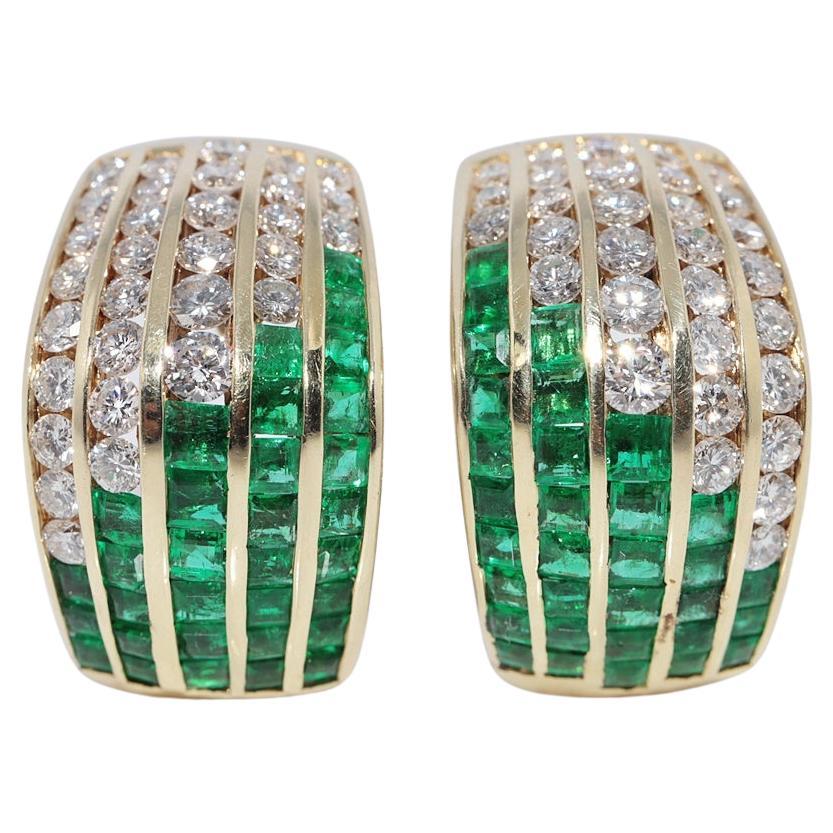 Orecchino vintage in oro 18k con diamante naturale e smeraldo tagliato a calibro, circa anni '90