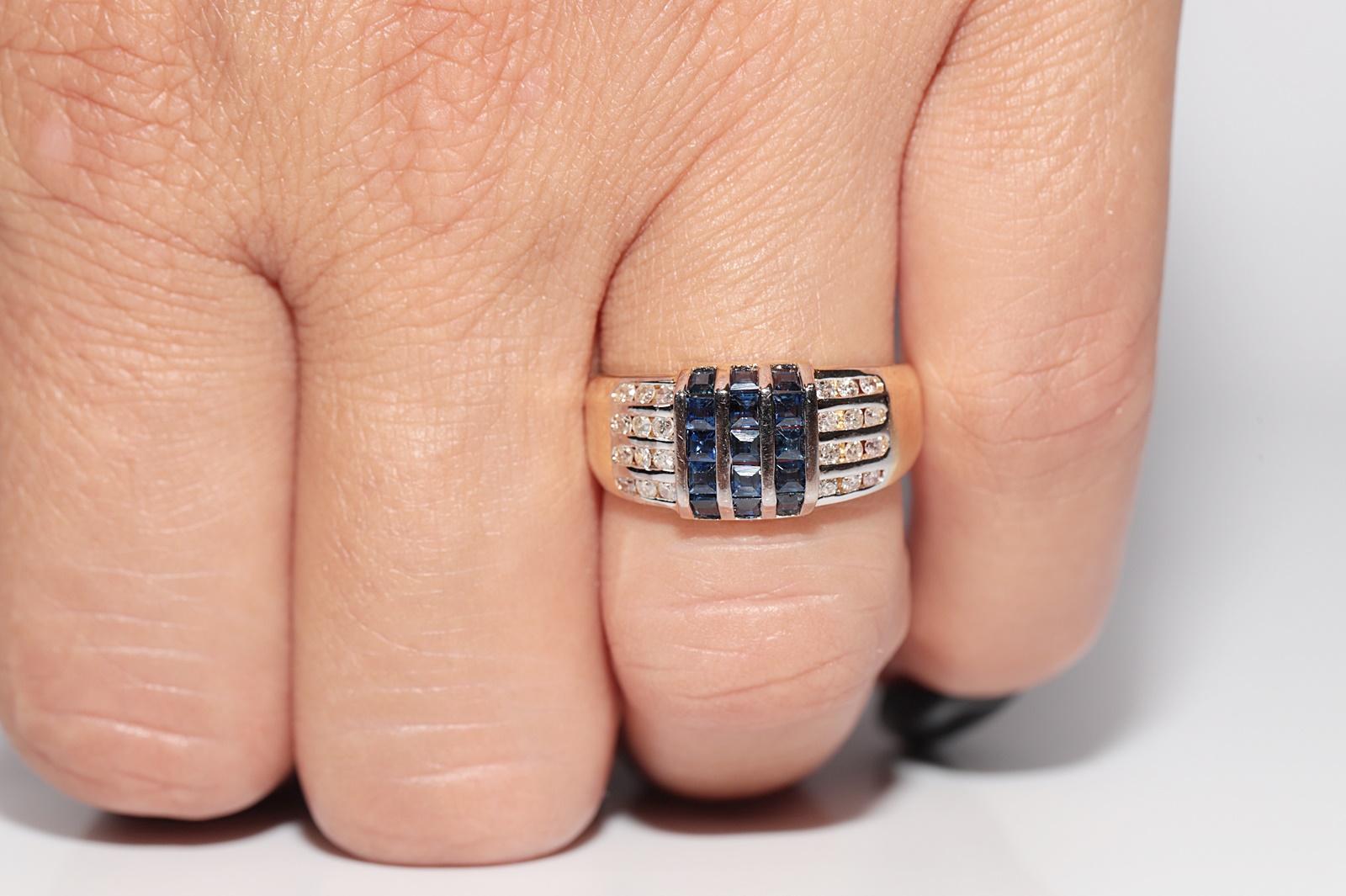 Vintage Circa 1990s 18k Gold Natural Diamond And Caliber Cut Sapphire Ring For Sale 8