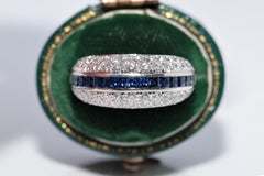 Vintage Circa 1990s 18k Gold Natural Diamond And Caliber Cut Sapphire Ring
