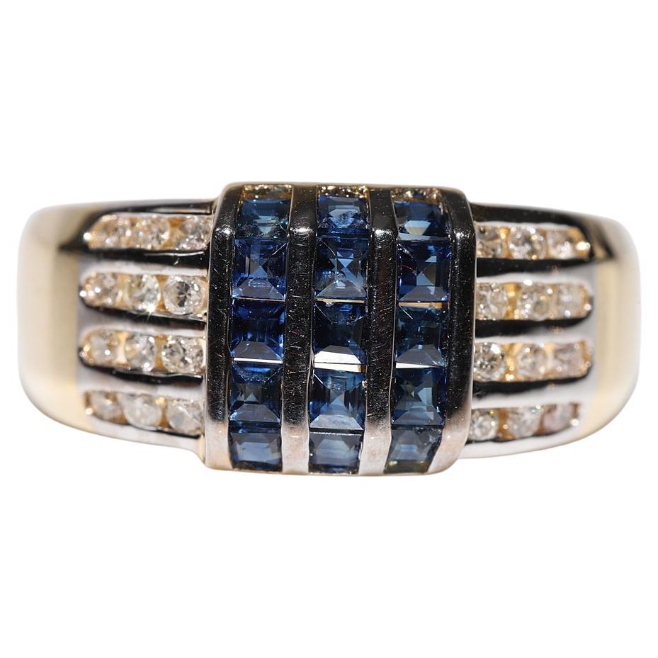 Vintage Circa 1990s 18k Gold Natural Diamond And Caliber Cut Sapphire Ring