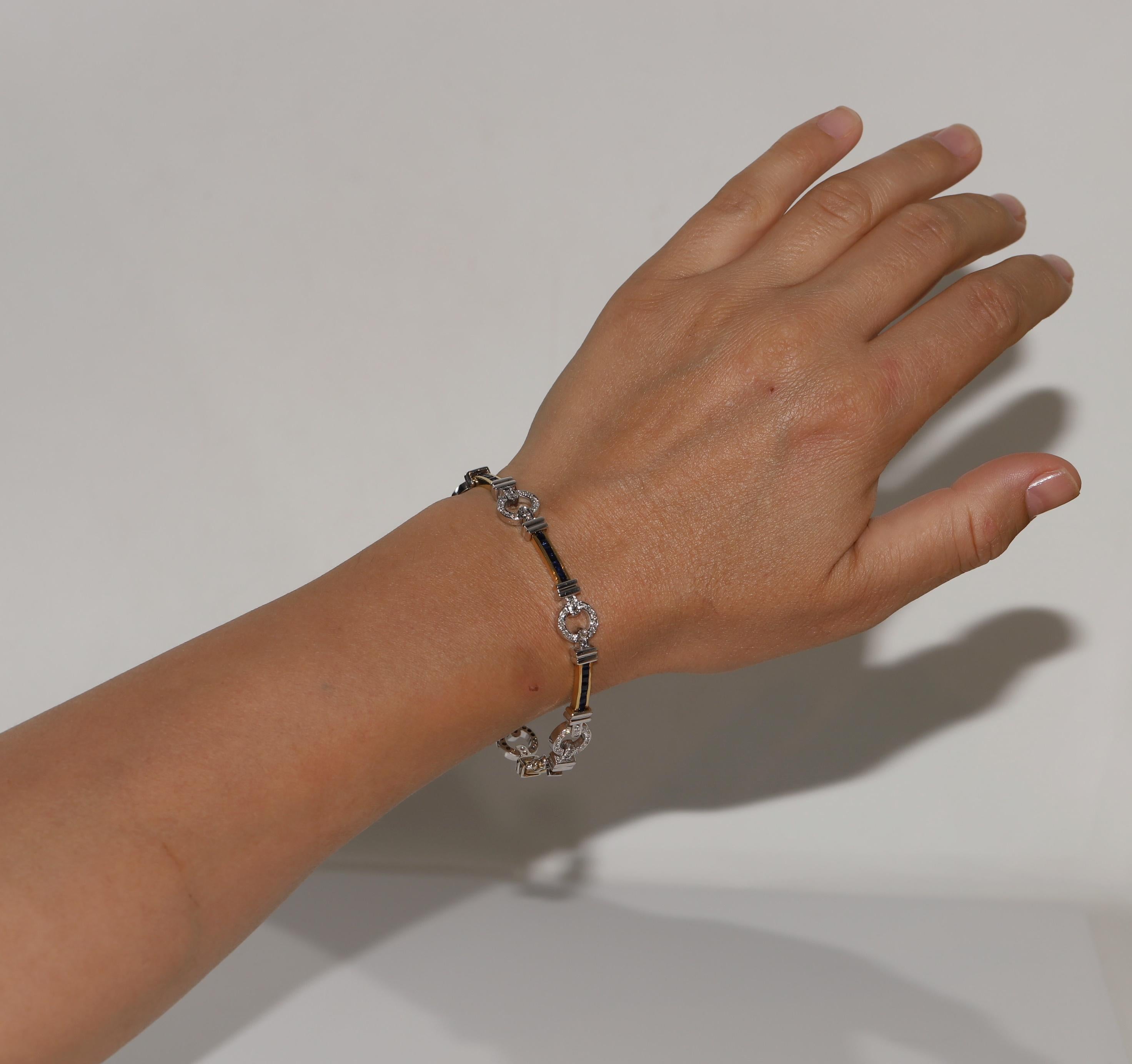 Armband aus 18 Karat Gold mit natürlichen Diamanten und Kaliber-Saphiren, Vintage, ca. 1990er Jahre im Angebot 12