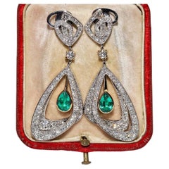 Vintage Circa 1990s 18k Gold Natural Diamond And Colombian Emerald Drop Earring