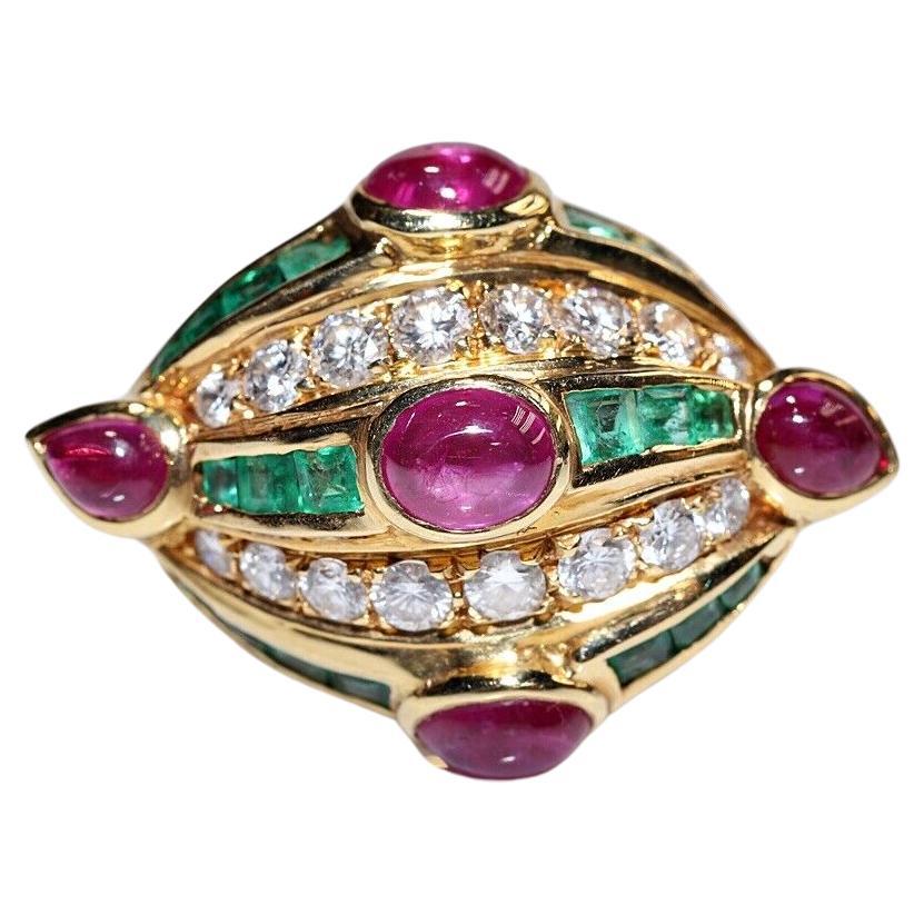 Vintage Circa 1990s 18k Gold Natural Diamond And Emerald And Ruby Ring  For Sale