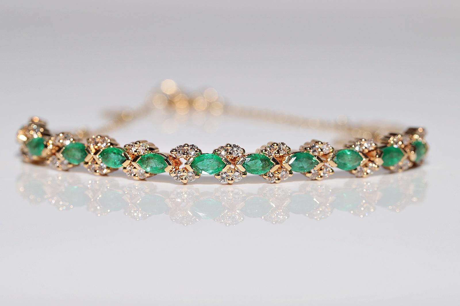 Vintage Circa 1990s 18k Gold Natural Diamond And Emerald Decorated Bracelet For Sale 4